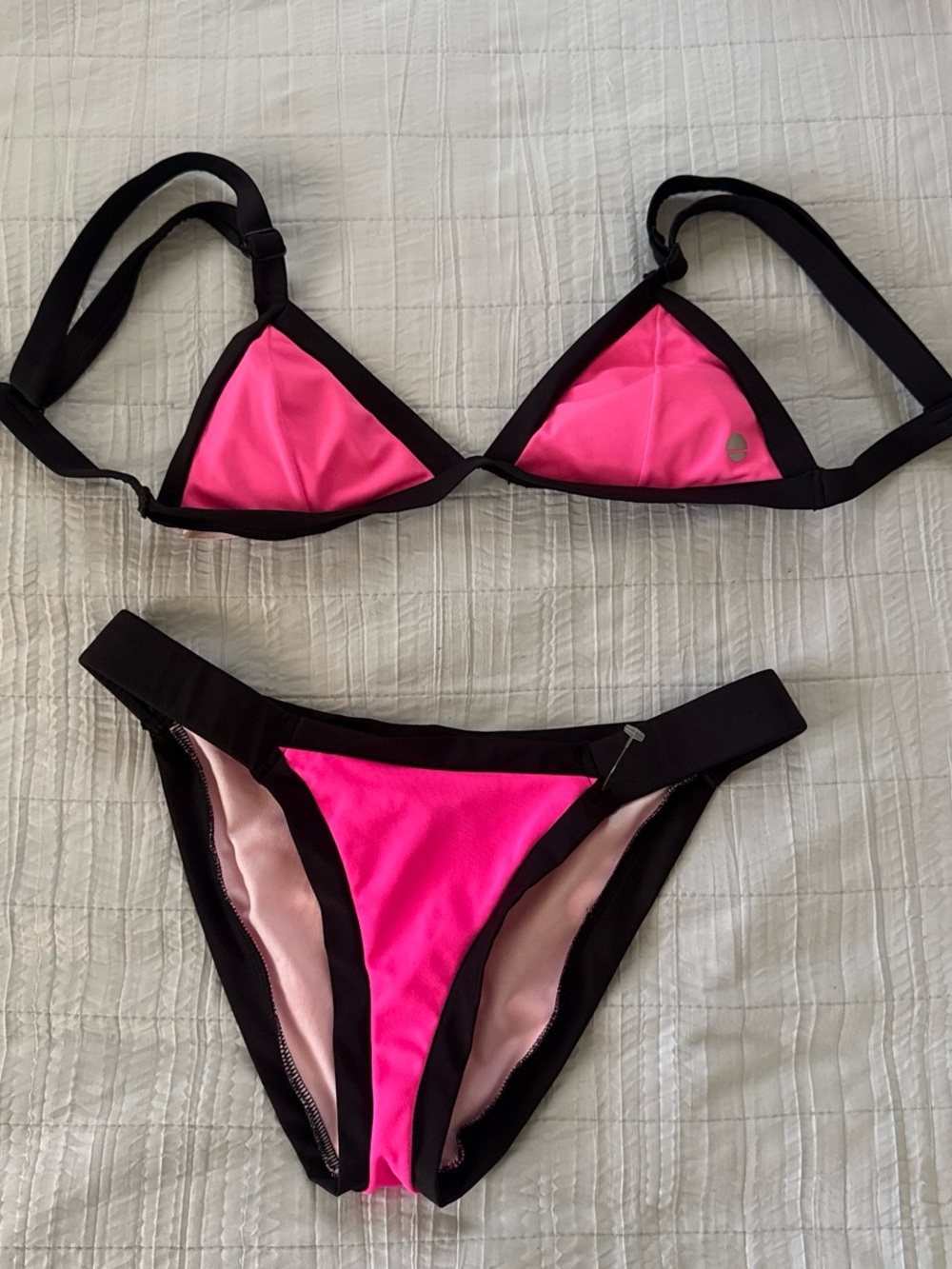 Neon Pink Contrast Trim Triangle Bikini Set - Women